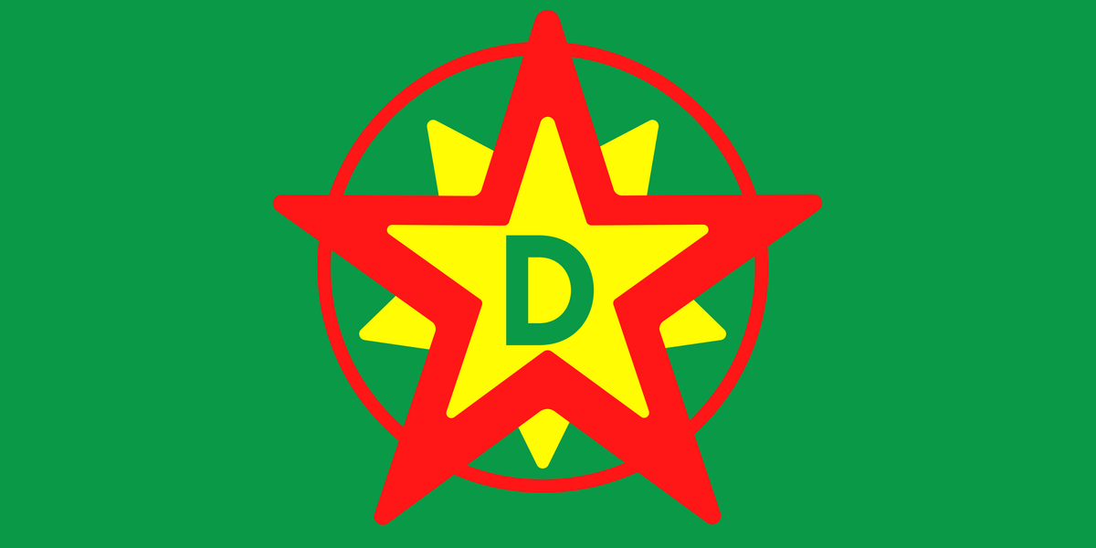 Green flag with a red circle, red five-pointed star, and two smaller yellow five-pointed stars encompassing a green letter D.