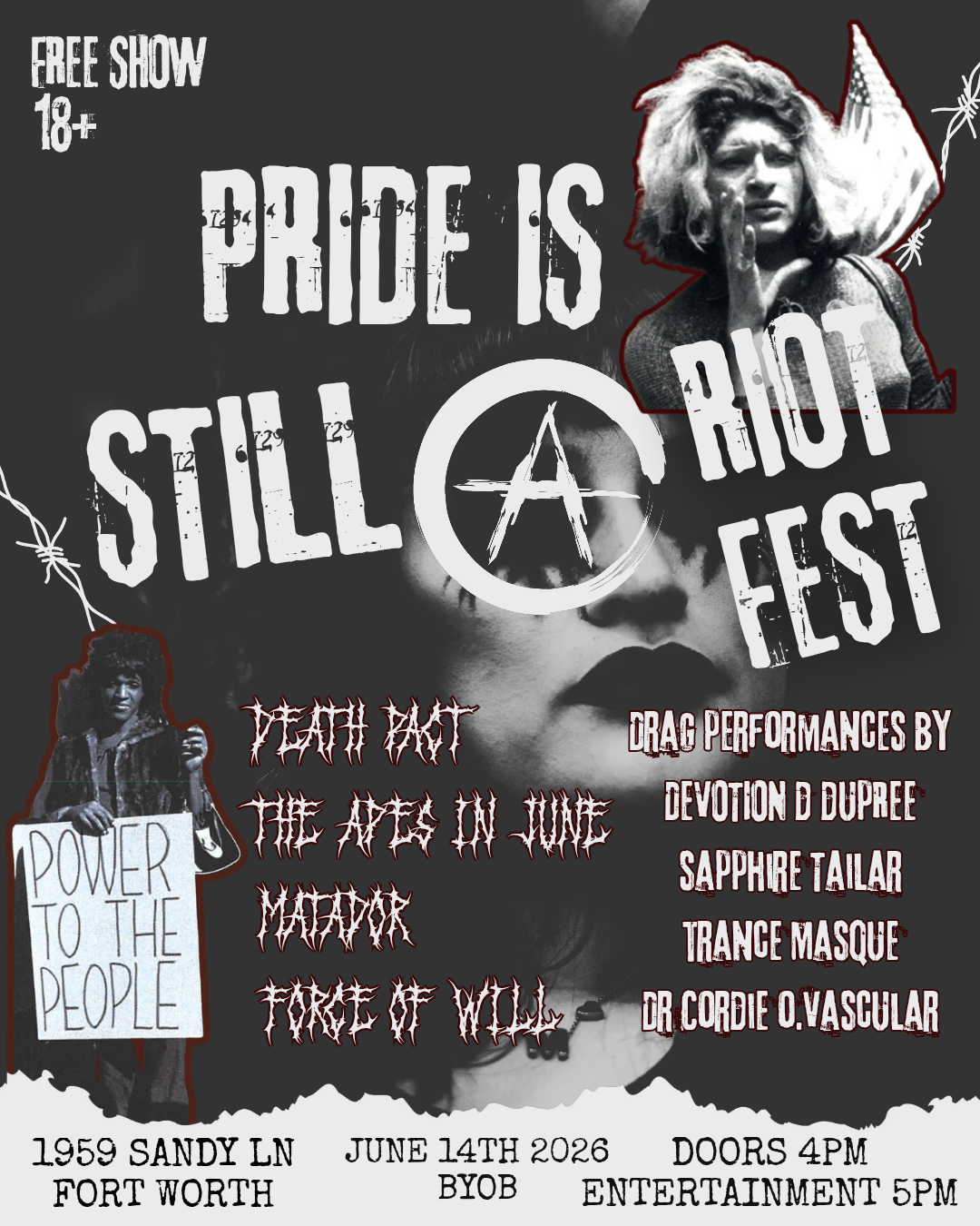 Festival Poster Free Show 18+  Pride Is Still A Riot Fest 1969 Sandy Ln Fort Worth June 14th 2026 BYOB  Doors 4pm Entertainment 5pm