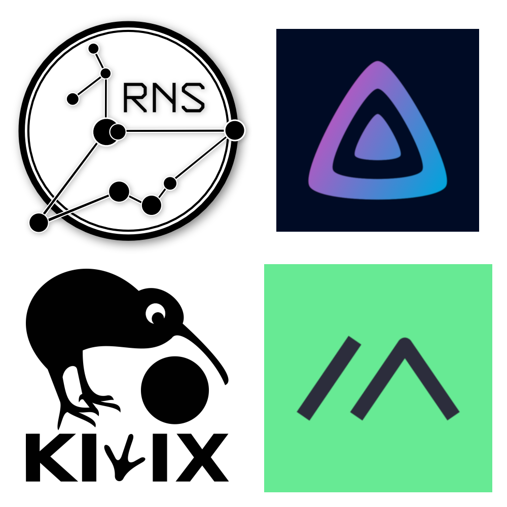 Logos for Reticulum, JellyFin, Kiwix, and Meshtastic, different technologies that can be used to help stay connected, informed, and entertained during a connectivity crisis.